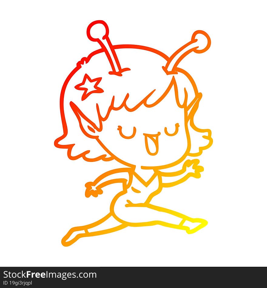 warm gradient line drawing of a happy alien girl cartoon laughing