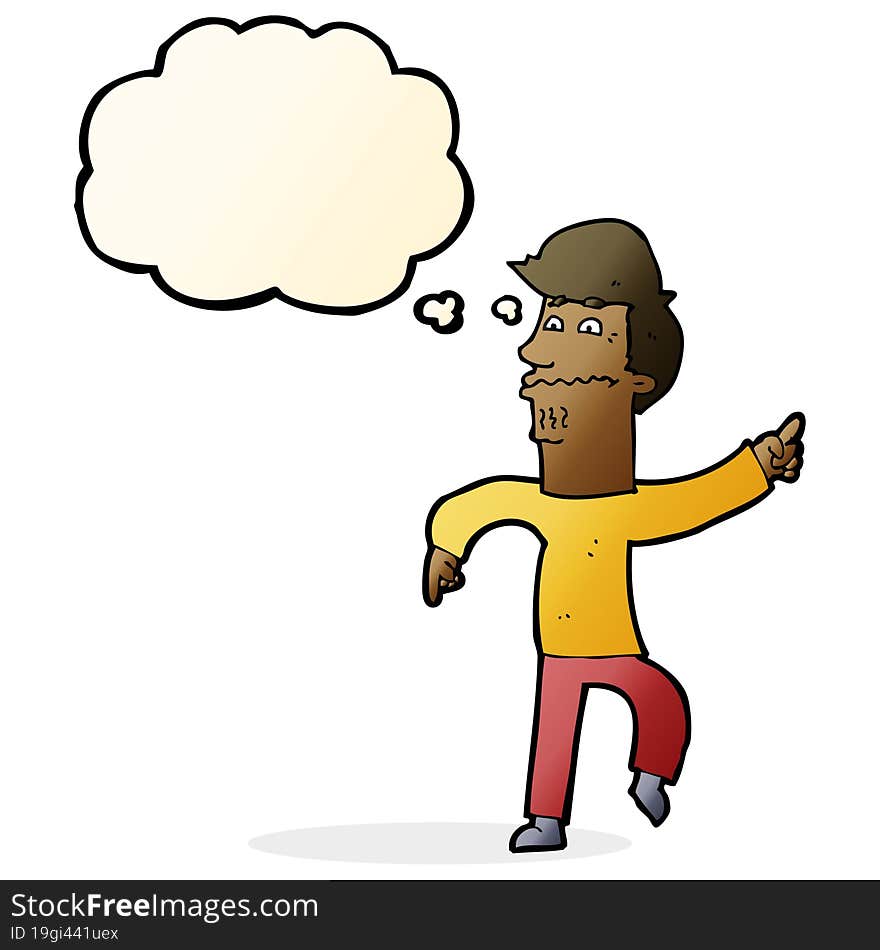 cartoon worried man pointing with thought bubble