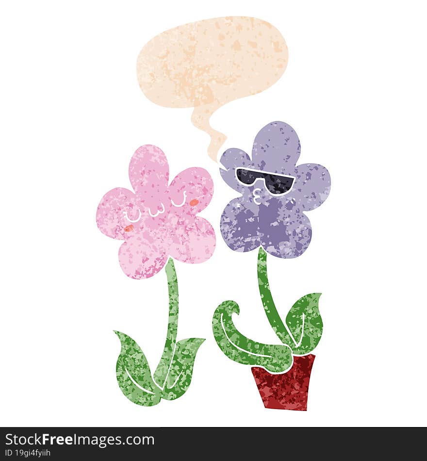 cute cartoon flower with speech bubble in grunge distressed retro textured style. cute cartoon flower with speech bubble in grunge distressed retro textured style