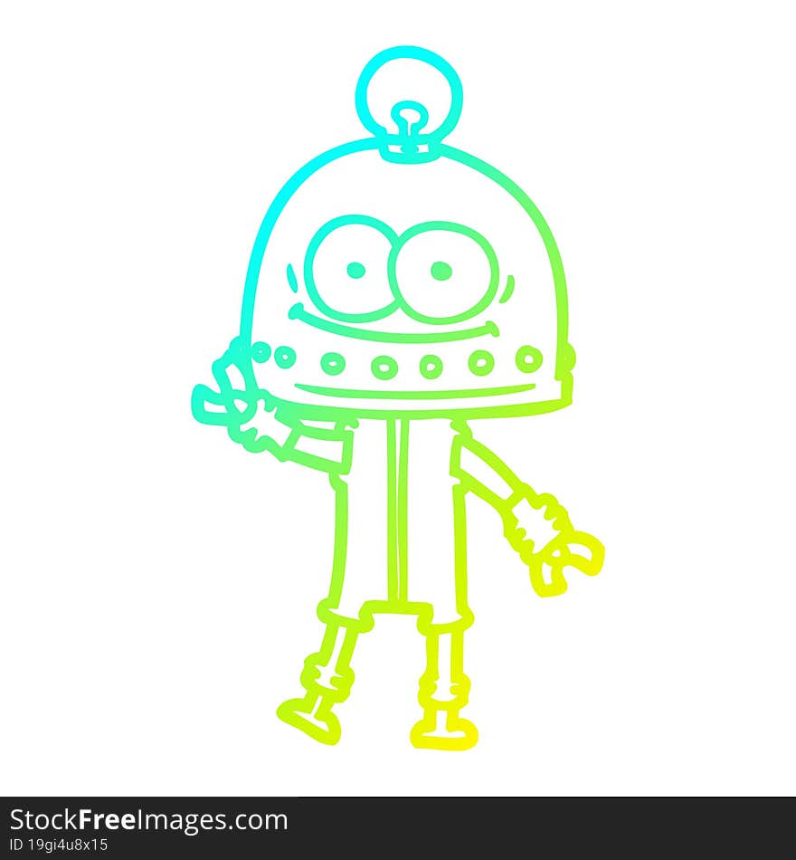 cold gradient line drawing happy carton robot with light bulb