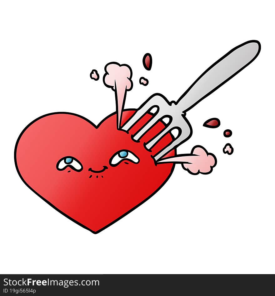 cartoon love heart stuck with fork. cartoon love heart stuck with fork