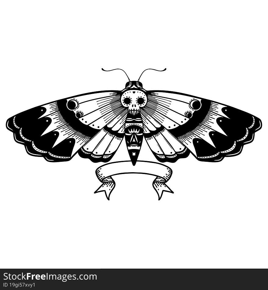 black linework tattoo with banner of a deaths head moth