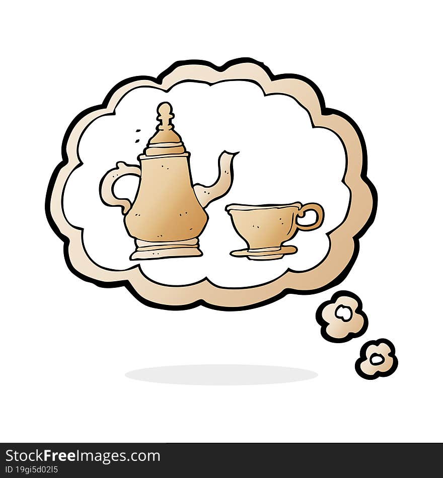 cartoon coffee pot and cup with thought bubble