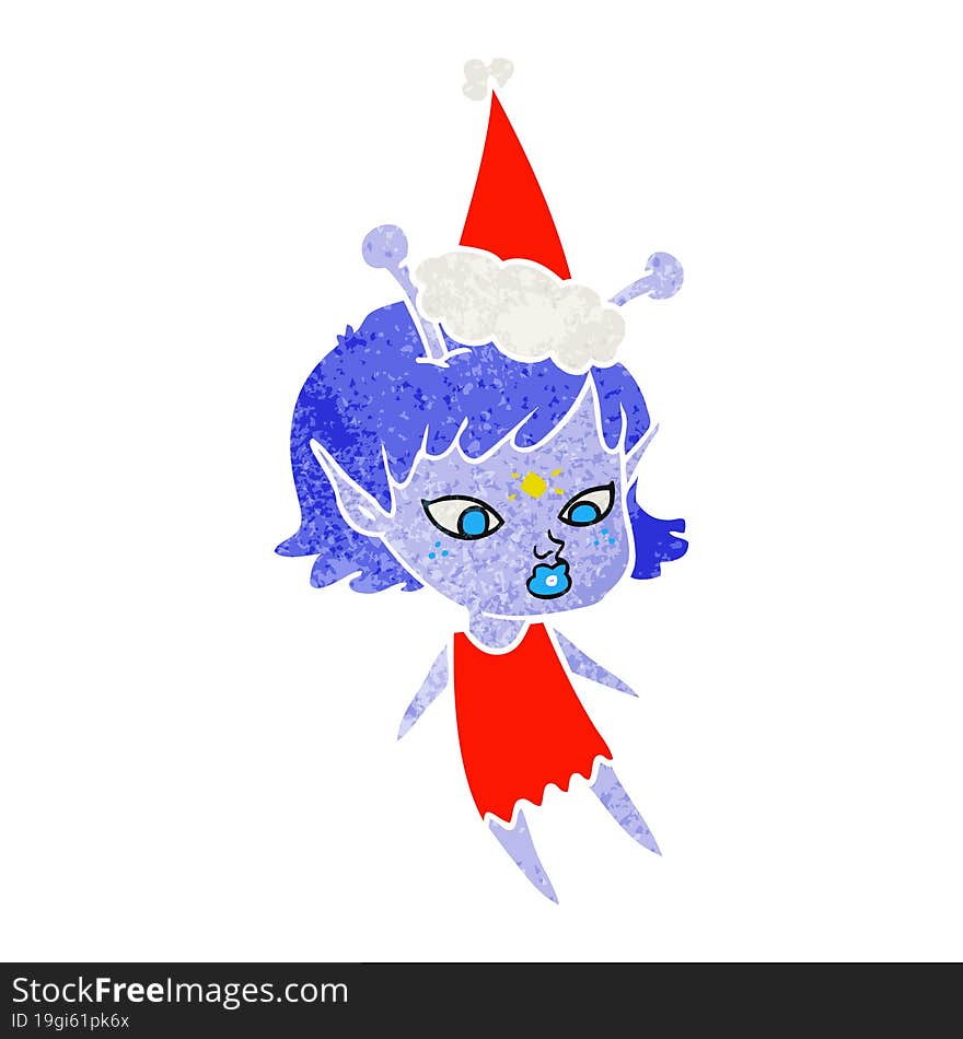 pretty retro cartoon of a alien girl wearing santa hat