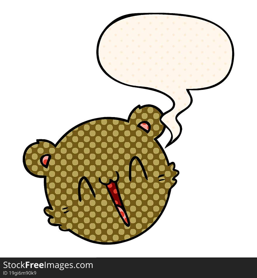 cute cartoon teddy bear face with speech bubble in comic book style