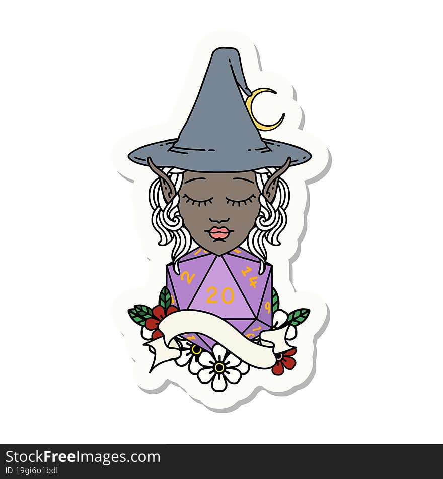 sticker of a elf mage character with natural twenty dice roll. sticker of a elf mage character with natural twenty dice roll