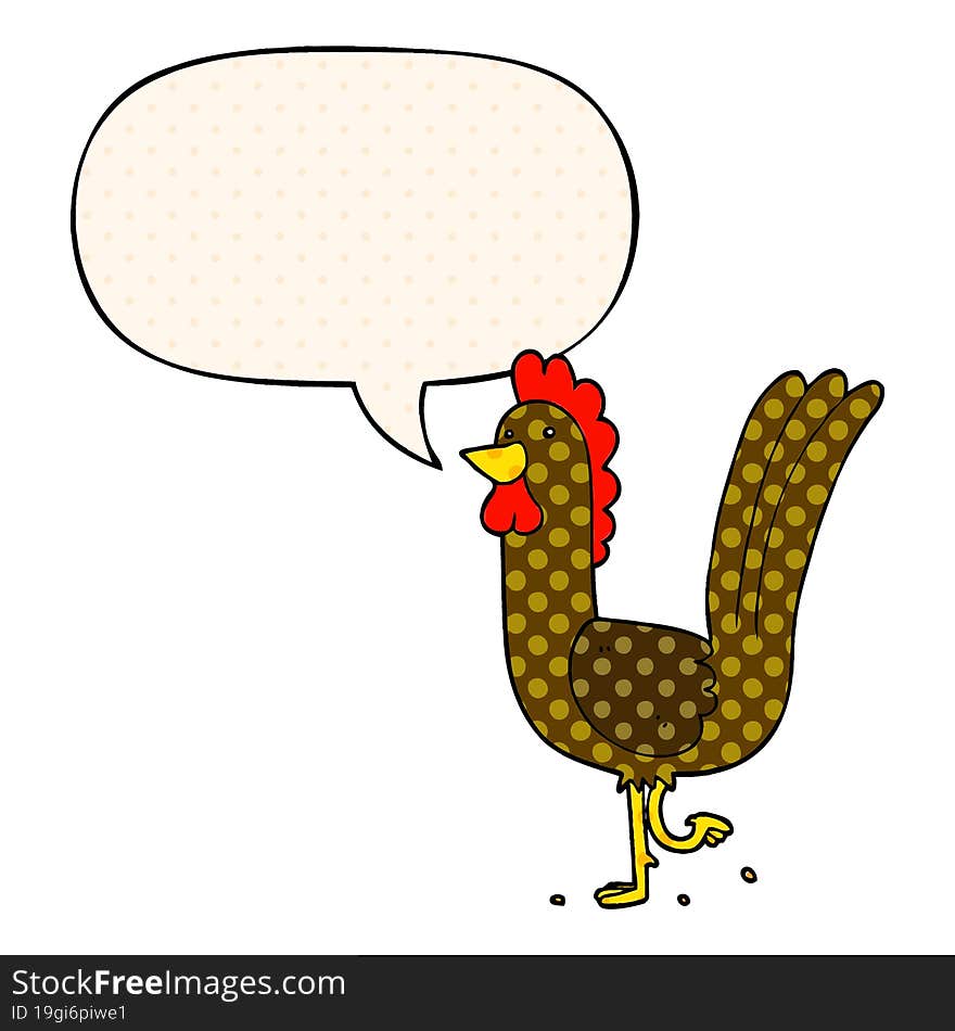 cartoon rooster with speech bubble in comic book style