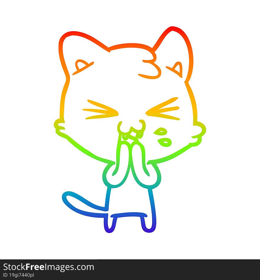 rainbow gradient line drawing of a cartoon cat hissing