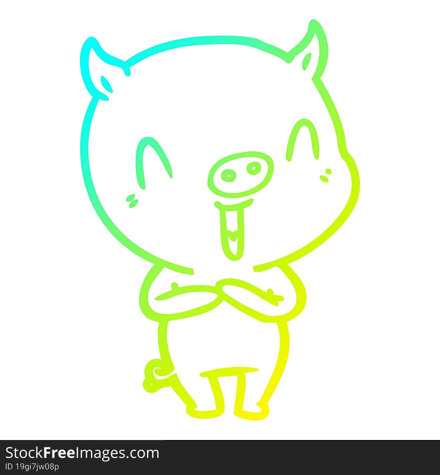 cold gradient line drawing of a happy cartoon pig