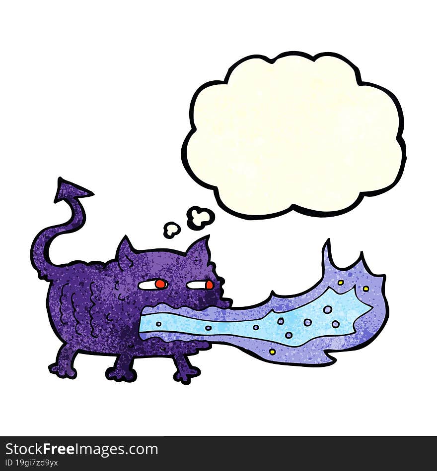 cartoon fire breathing imp with thought bubble