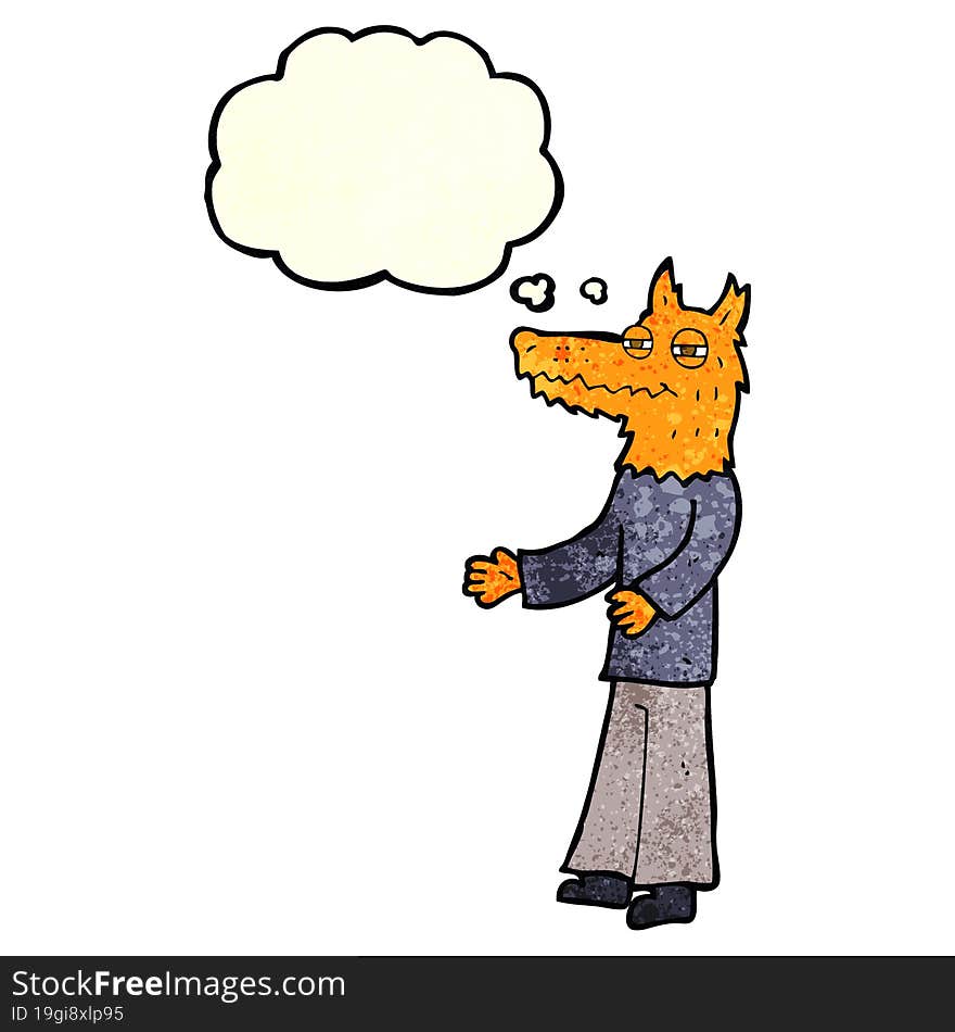 cartoon fox man with thought bubble