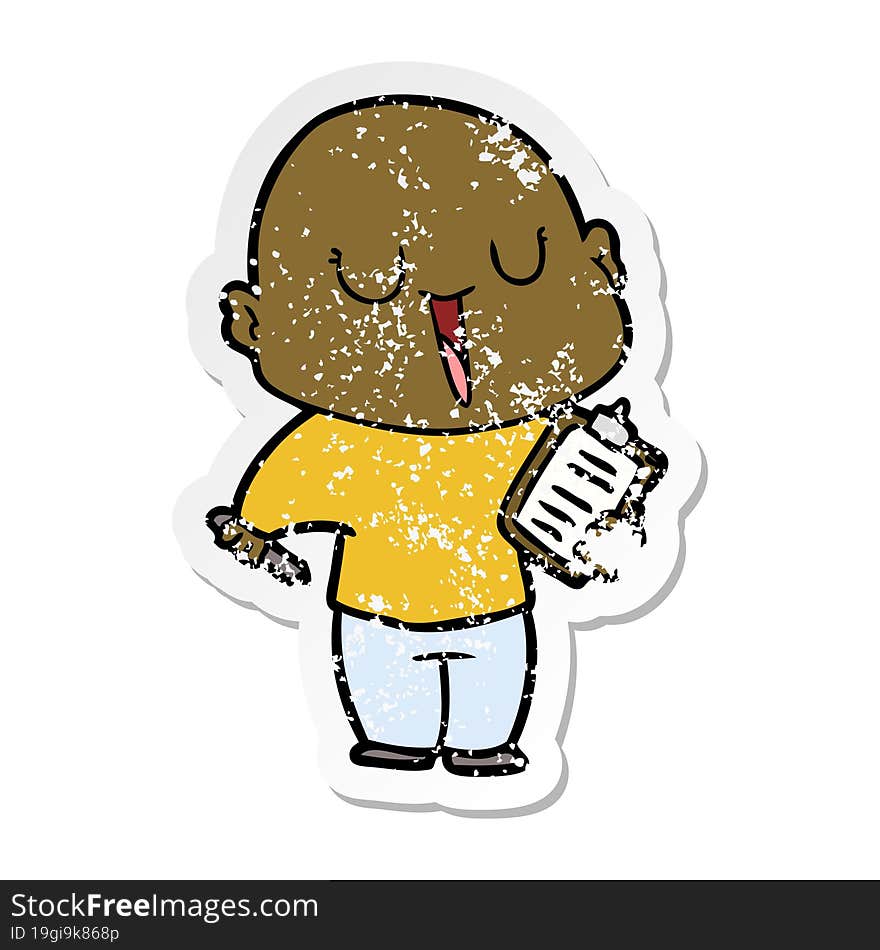 distressed sticker of a happy cartoon bald man