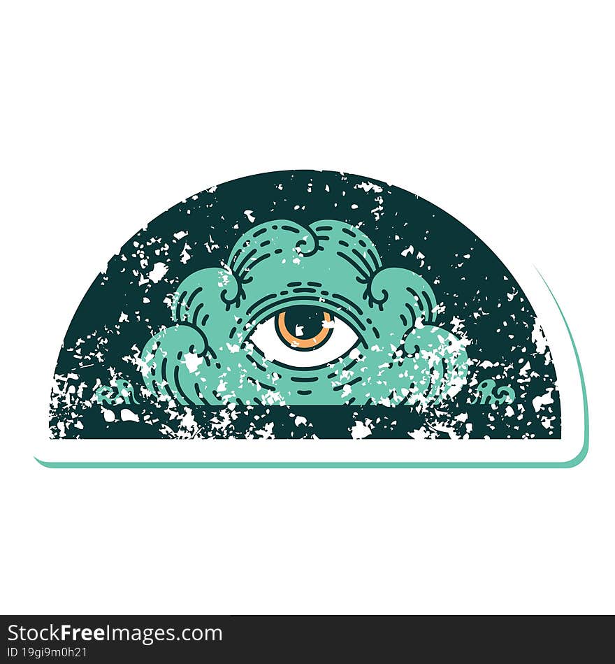 distressed sticker tattoo style icon of an all seeing eye cloud