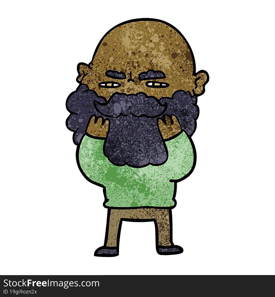 cartoon man with beard frowning checking his beard. cartoon man with beard frowning checking his beard