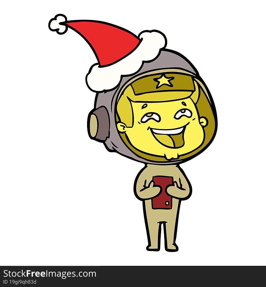 line drawing of a laughing astronaut wearing santa hat