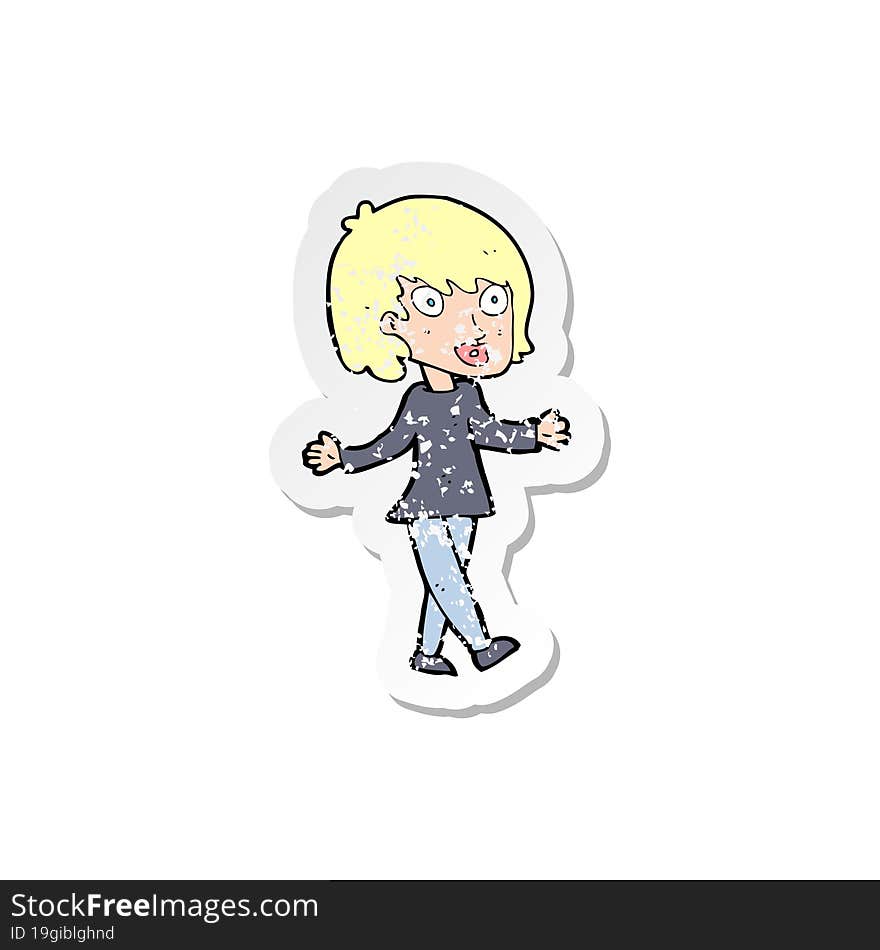 Retro Distressed Sticker Of A Cartoon Woman With Open Arms