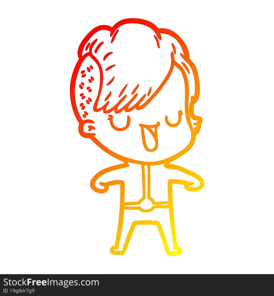 warm gradient line drawing of a cute cartoon girl with hipster haircut