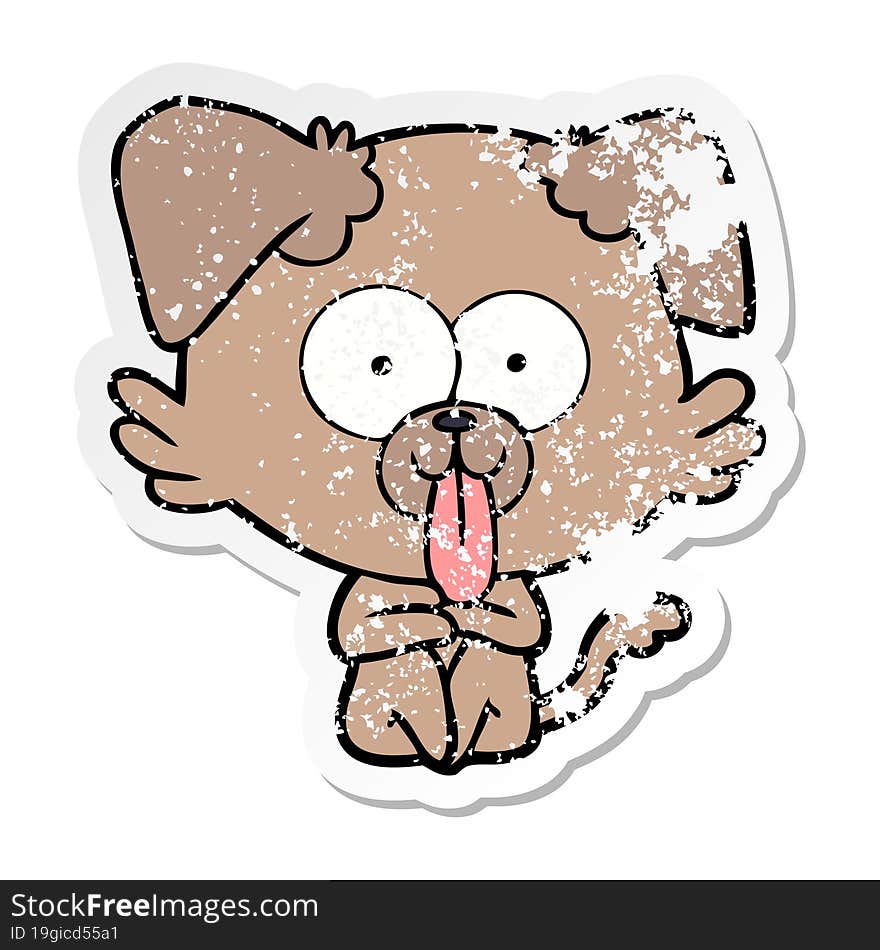 distressed sticker of a cartoon dog with tongue sticking out