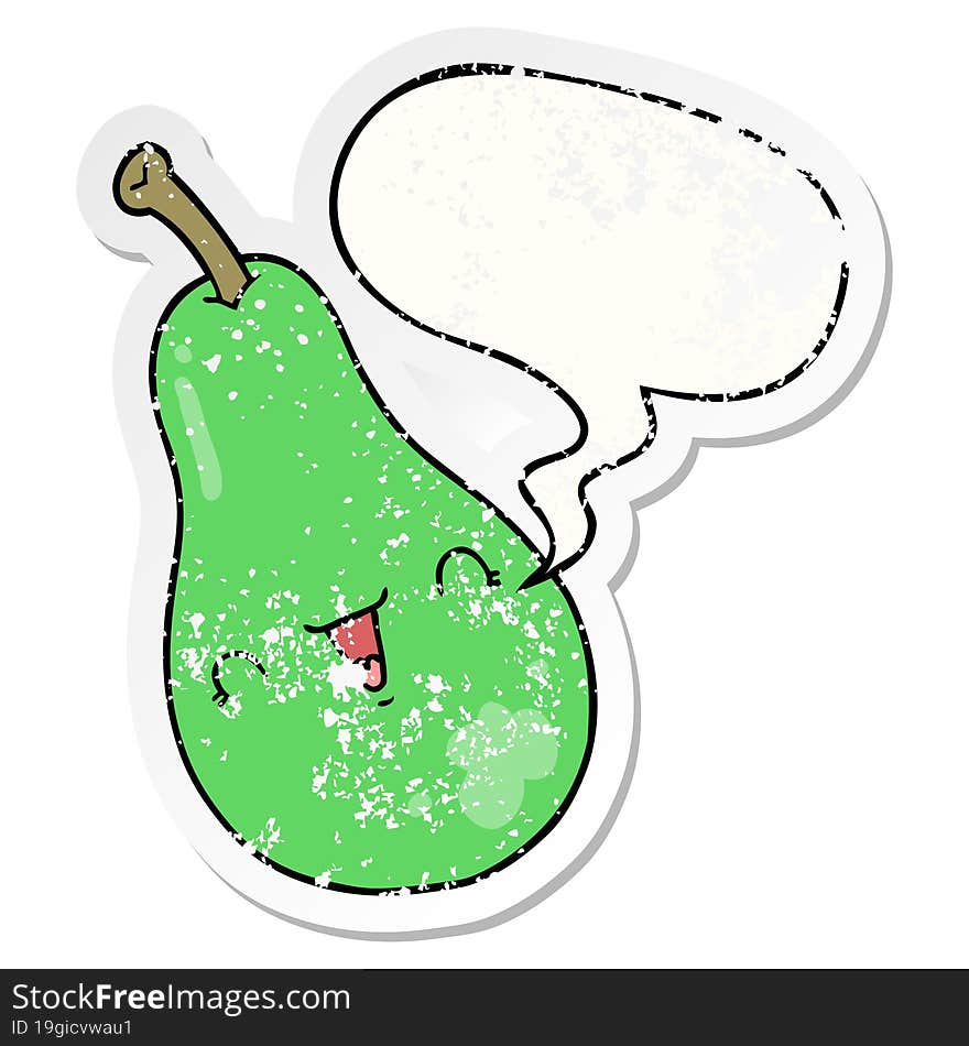 cartoon pear and speech bubble distressed sticker