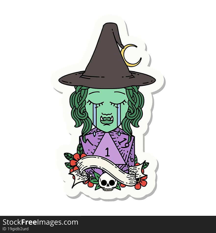 sticker of a crying half orc witch character face with natural one d20 dice roll. sticker of a crying half orc witch character face with natural one d20 dice roll