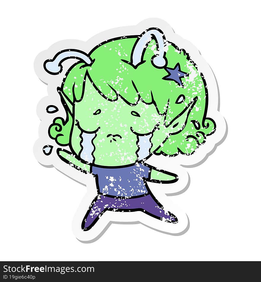 distressed sticker of a cartoon crying alien girl