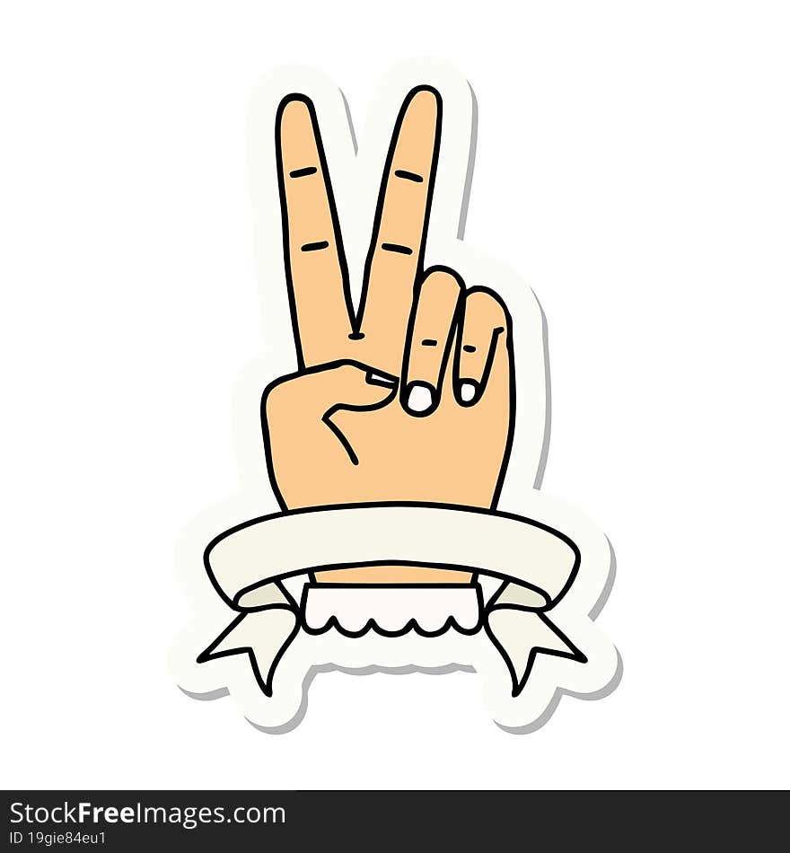 sticker of a peace two finger hand gesture with banner. sticker of a peace two finger hand gesture with banner