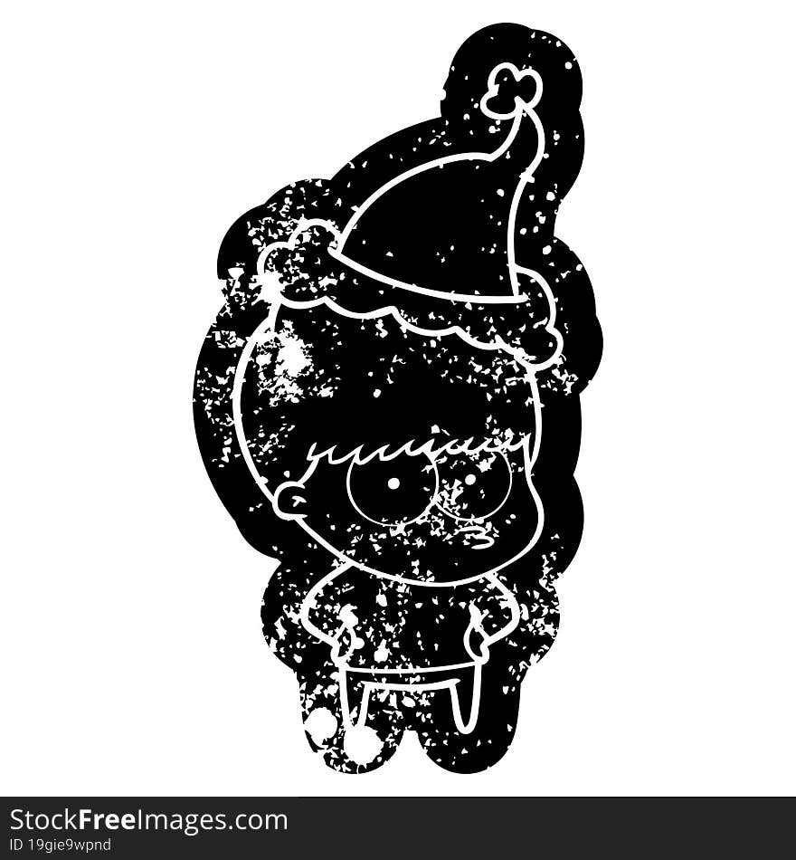 nervous cartoon distressed icon of a boy wearing santa hat