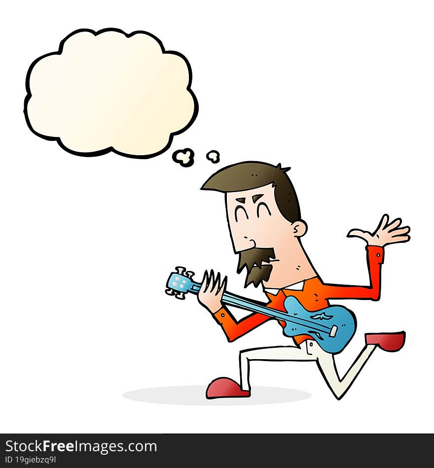 cartoon man playing electric guitar with thought bubble