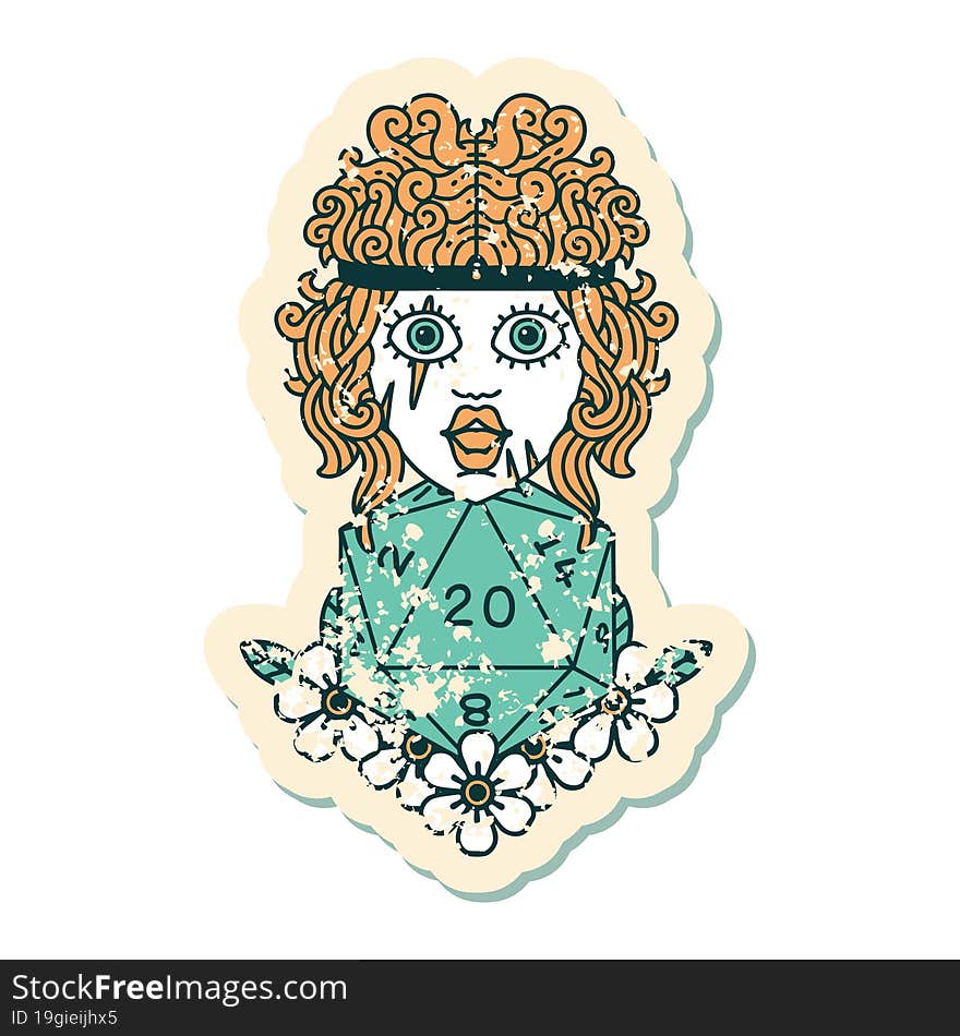 grunge sticker of a human barbarian with natural twenty dice roll. grunge sticker of a human barbarian with natural twenty dice roll