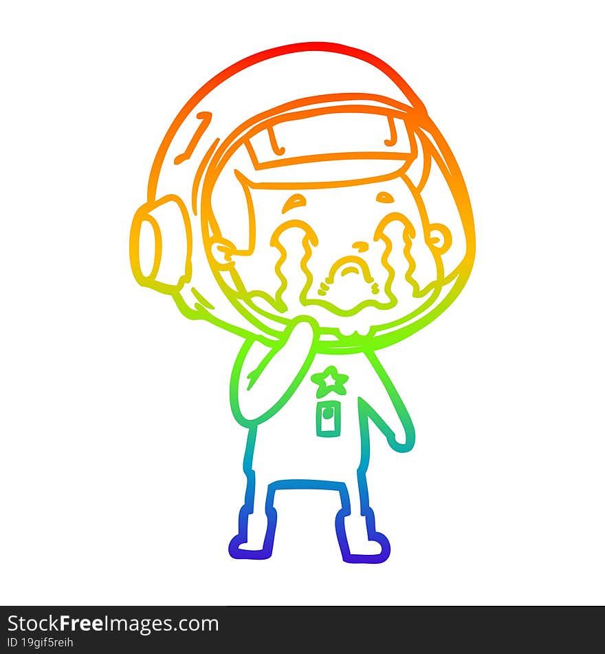 rainbow gradient line drawing of a cartoon crying astronaut