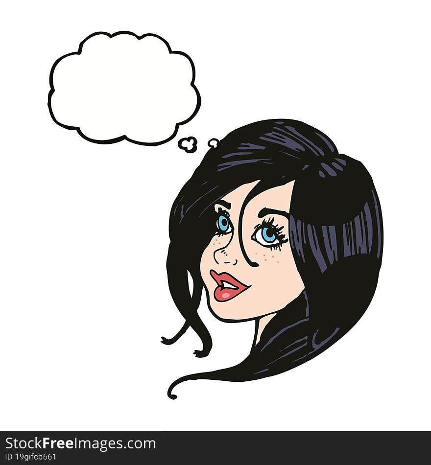 cartoon pretty female face with thought bubble