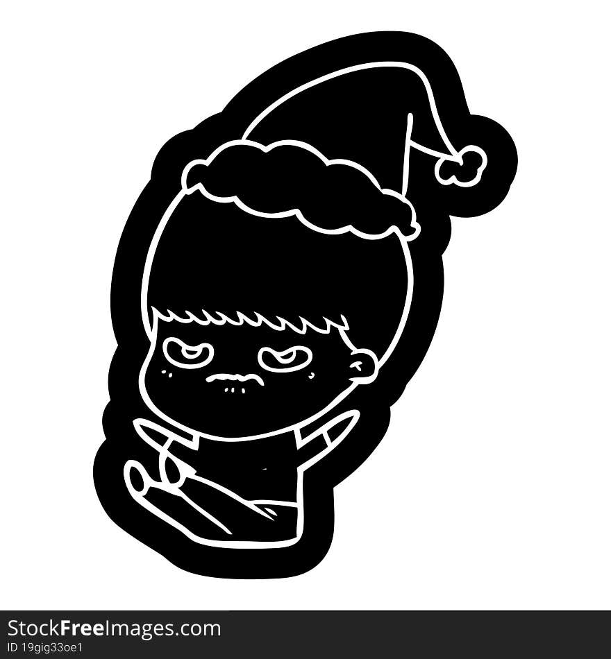 quirky cartoon icon of a boy wearing santa hat