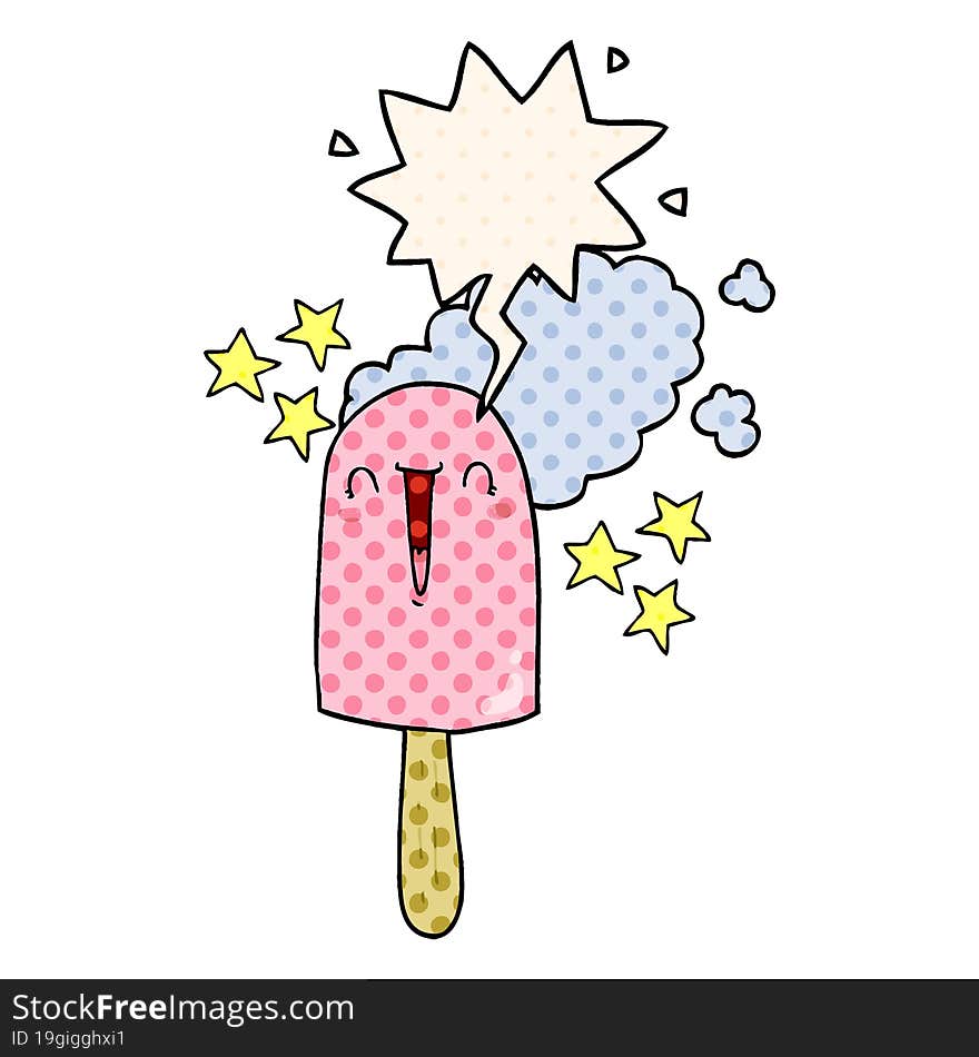 cute cartoon ice lolly with speech bubble in comic book style