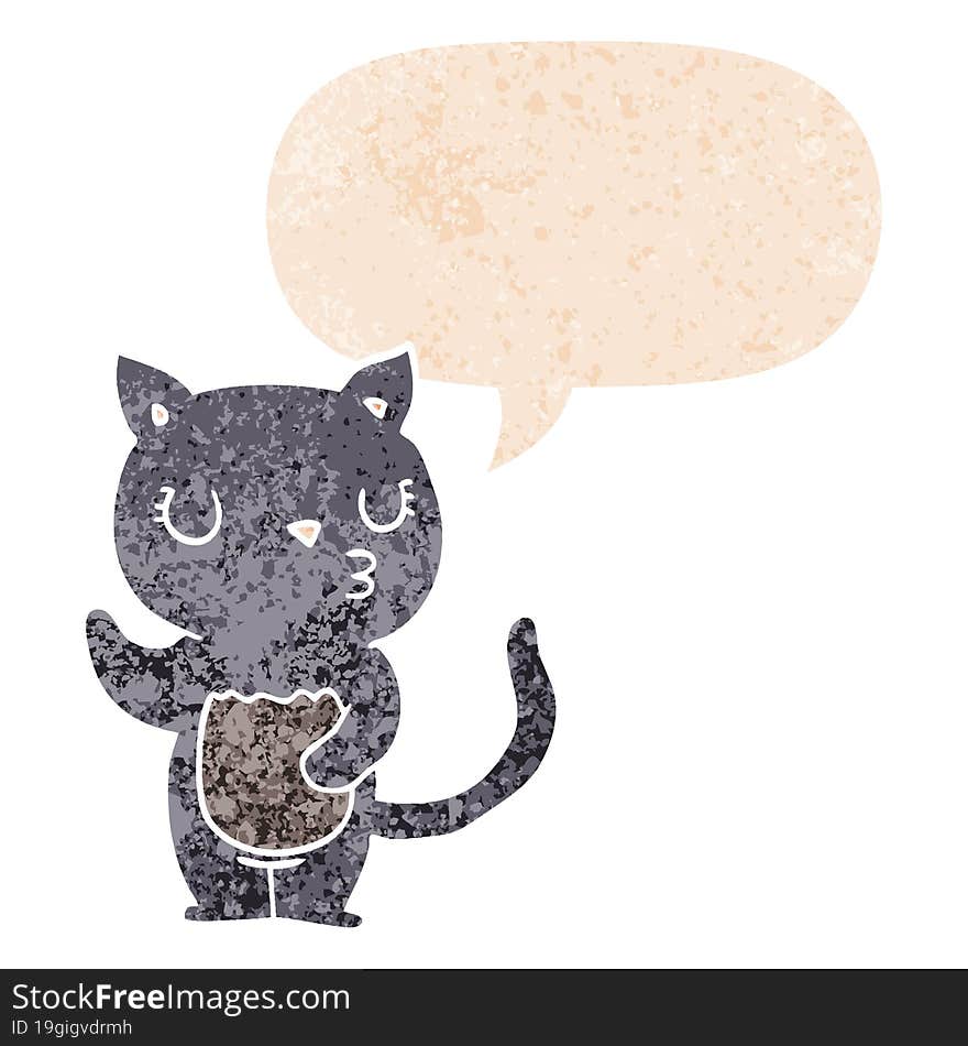 cute cartoon cat with speech bubble in grunge distressed retro textured style. cute cartoon cat with speech bubble in grunge distressed retro textured style