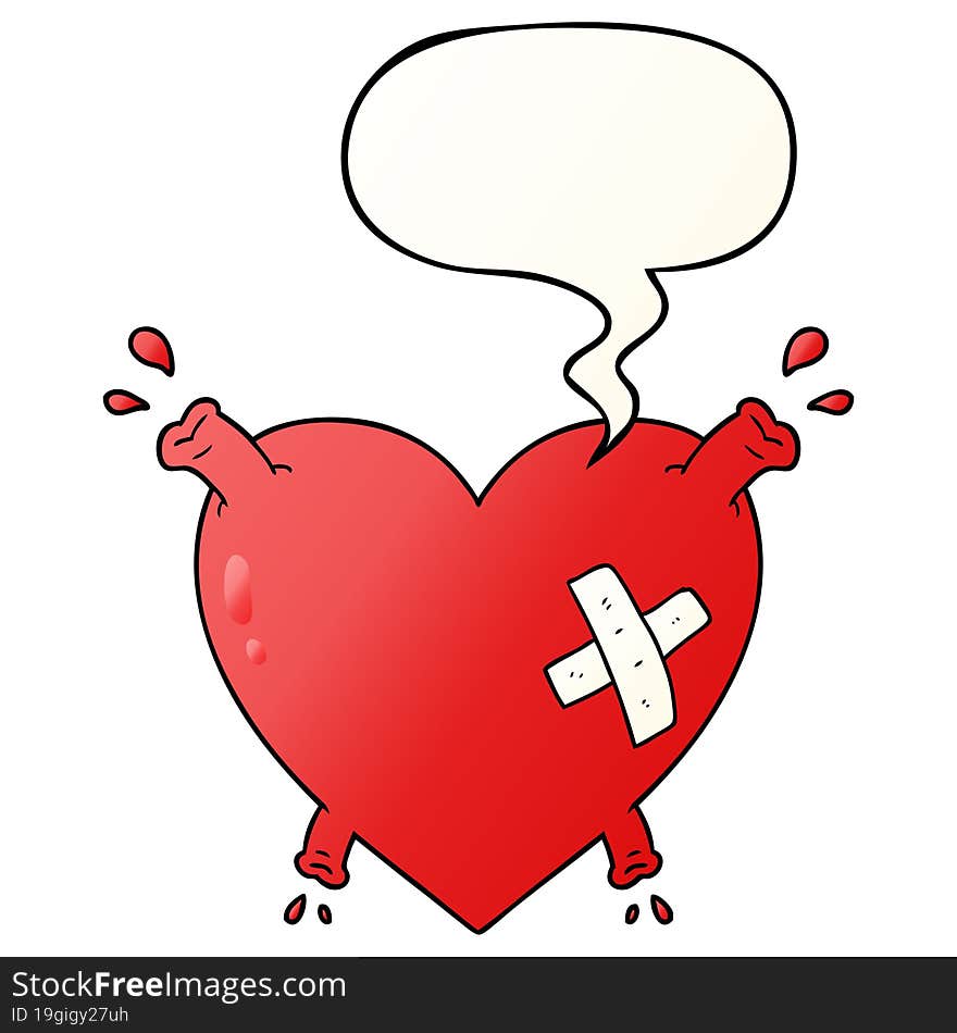 cartoon heart squirting blood with speech bubble in smooth gradient style