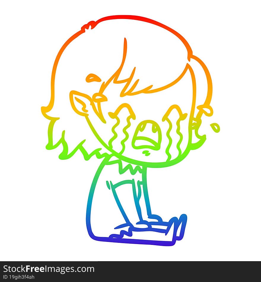 rainbow gradient line drawing cartoon crying vampire girl