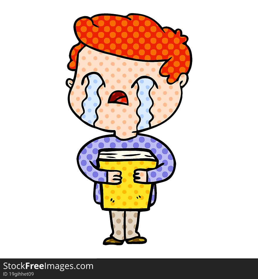 cartoon man crying holding book. cartoon man crying holding book