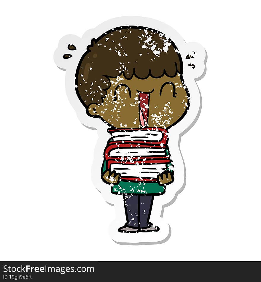 Distressed Sticker Of A Laughing Cartoon Man Holding Stack Of Books