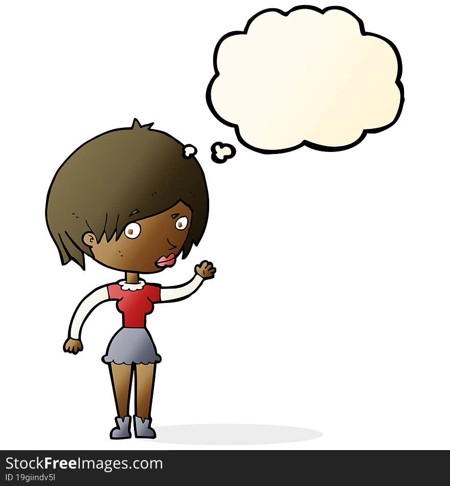 cartoon waving woman with thought bubble