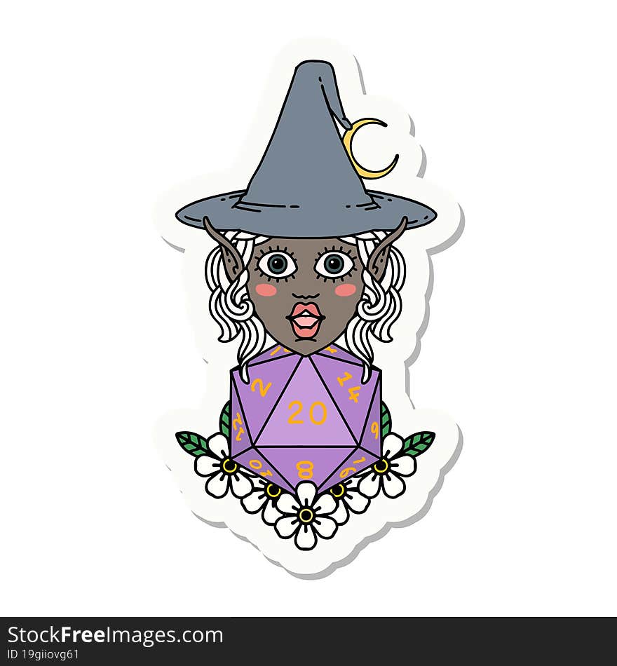 elf mage character with natural twenty dice roll sticker