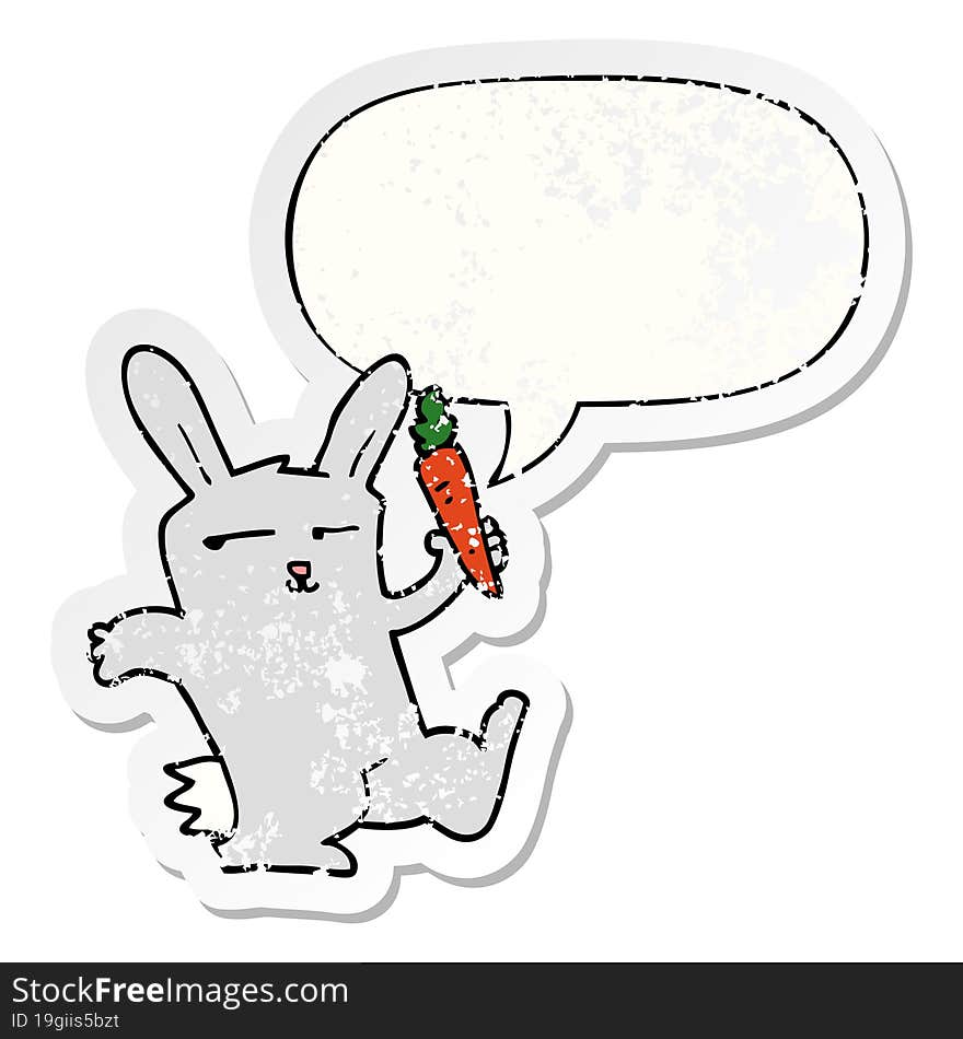 cartoon rabbit and carrot and speech bubble distressed sticker