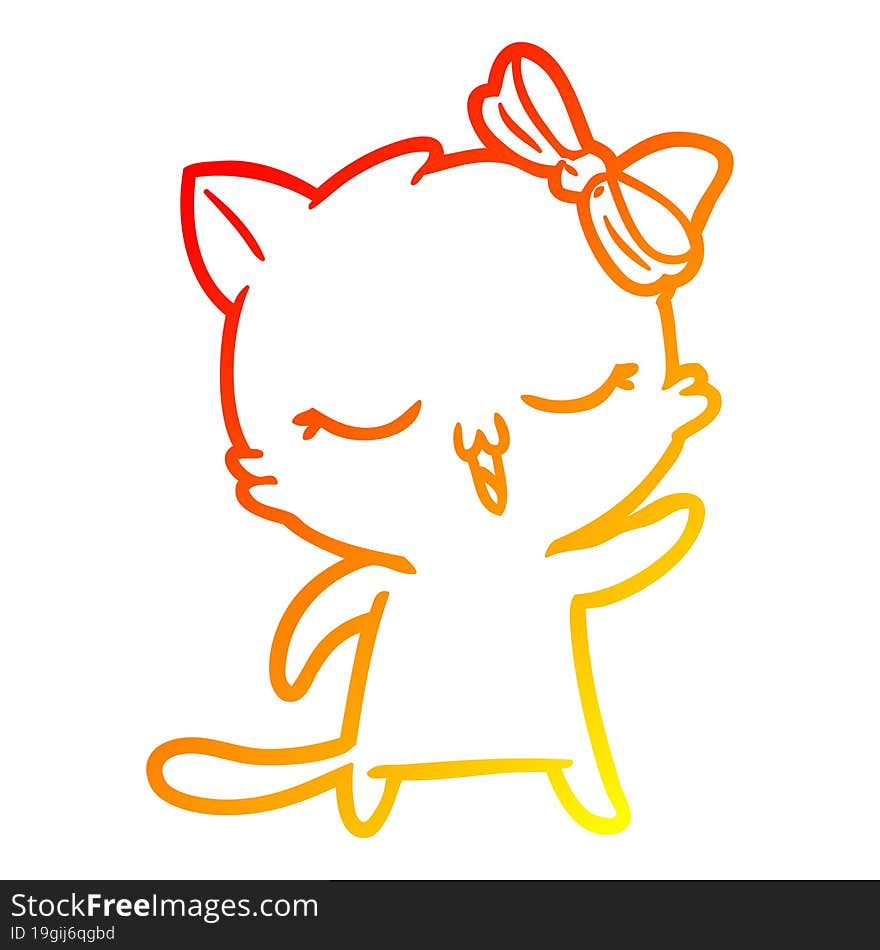 Warm Gradient Line Drawing Cartoon Cat With Bow On Head