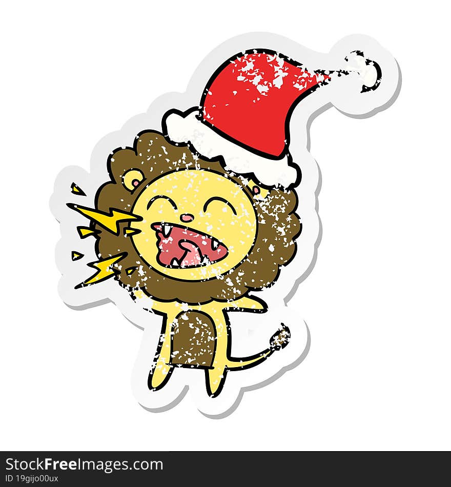 distressed sticker cartoon of a roaring lion wearing santa hat