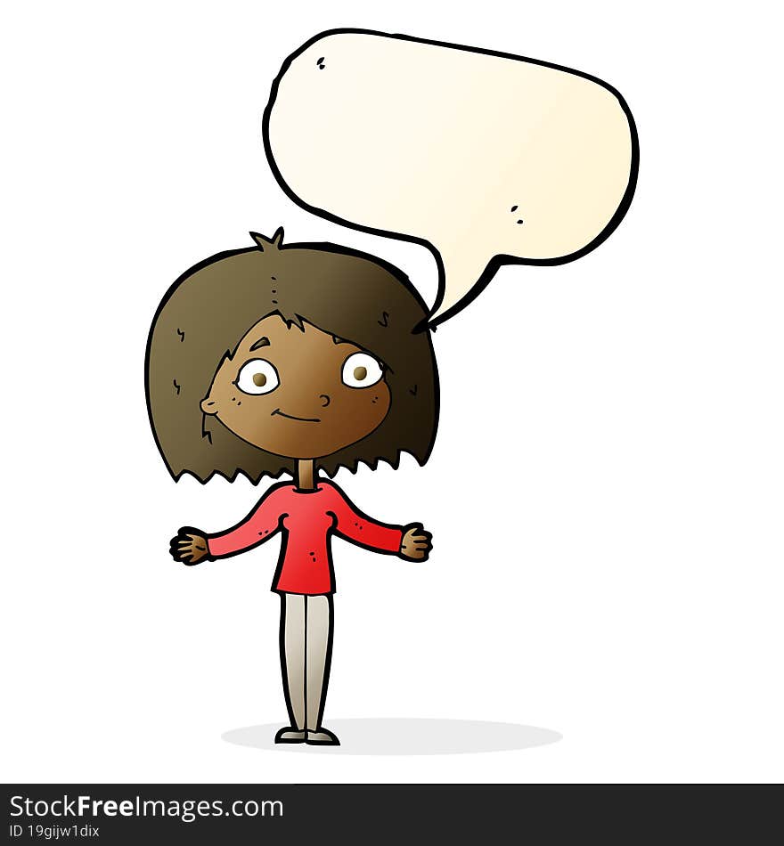 cartoon woman shrugging shoulders with speech bubble