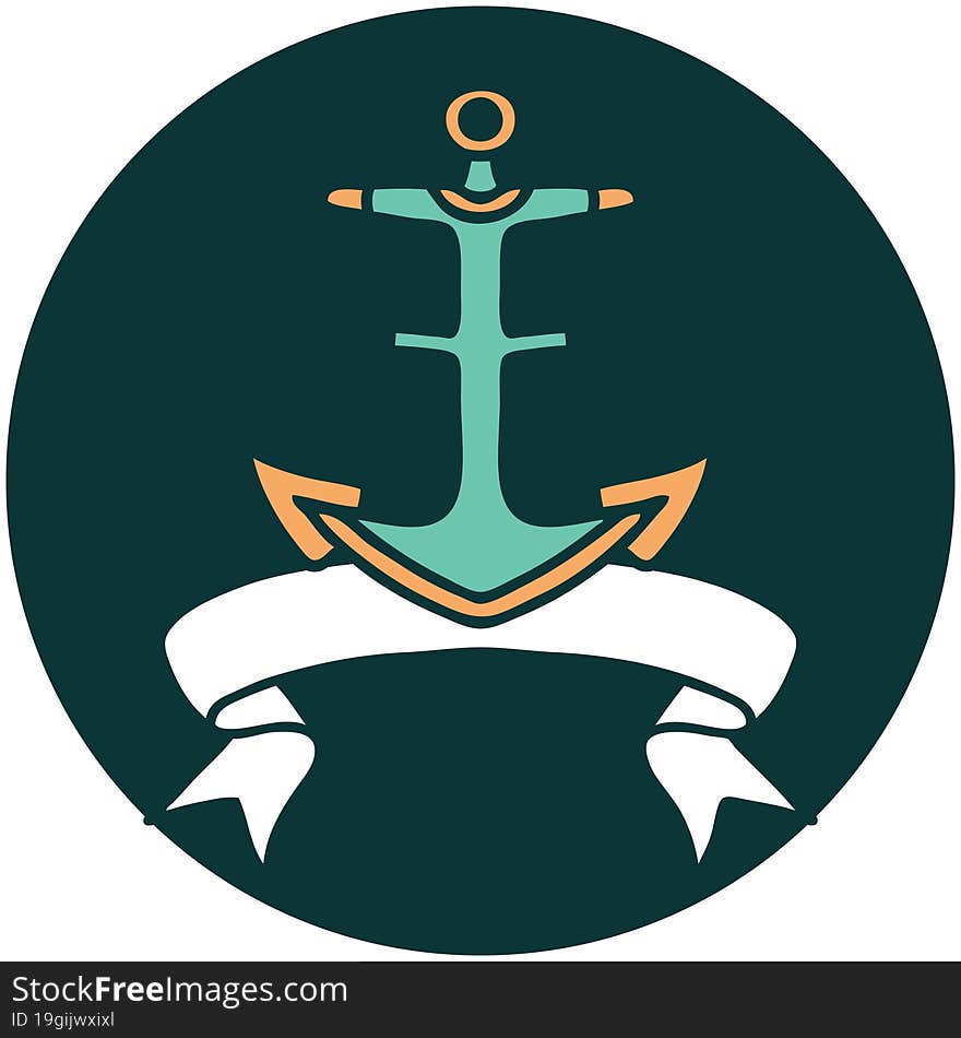 tattoo style icon with banner of an anchor