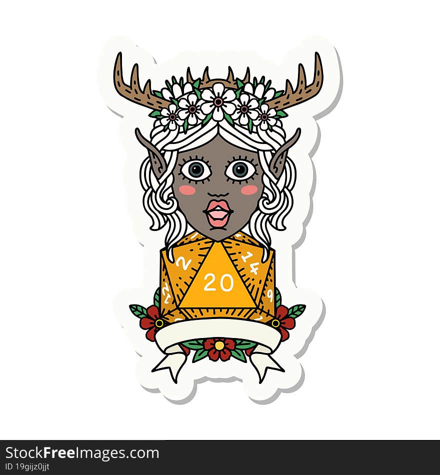 Elf Druid Character With Natural 20 Dice Roll Sticker