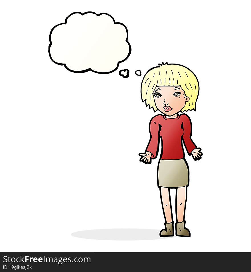 cartoon woman shrugging shoulders with thought bubble