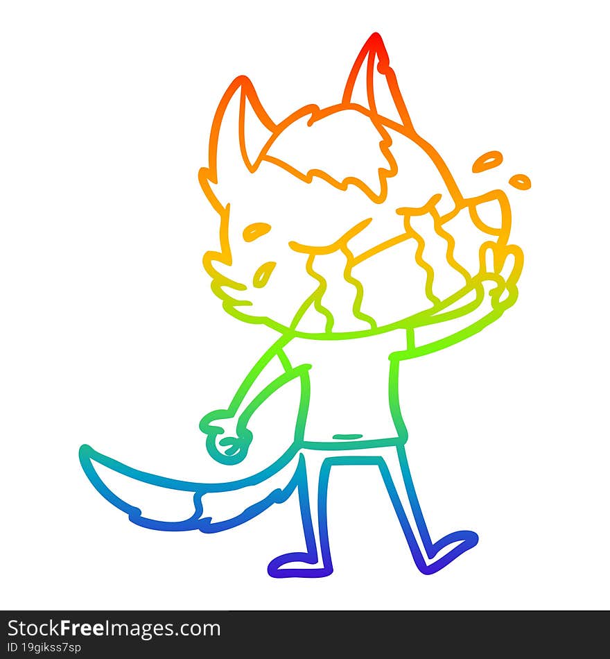 rainbow gradient line drawing of a cartoon crying wolf