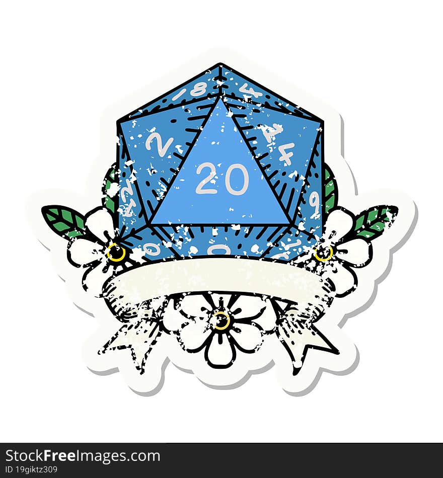 Natural 20 Critical Hit D20 Dice Roll Grunge Sticker