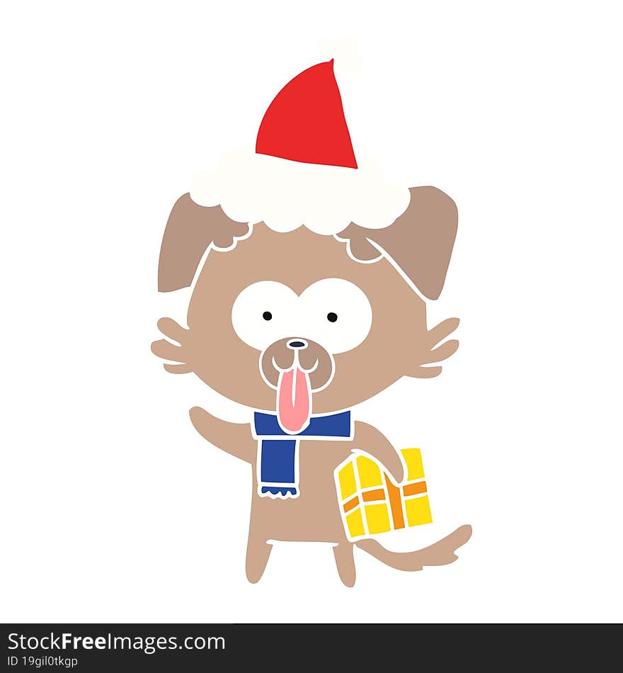 hand drawn flat color illustration of a dog with christmas present wearing santa hat